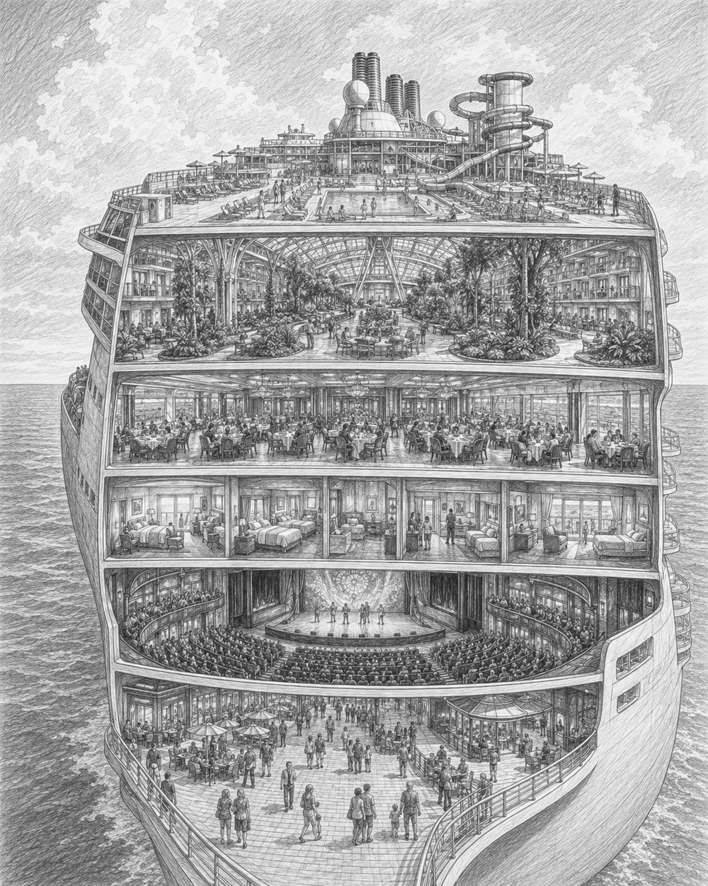 Illustration of the outward-facing design and Grand Plaza of Celebrity Xcel