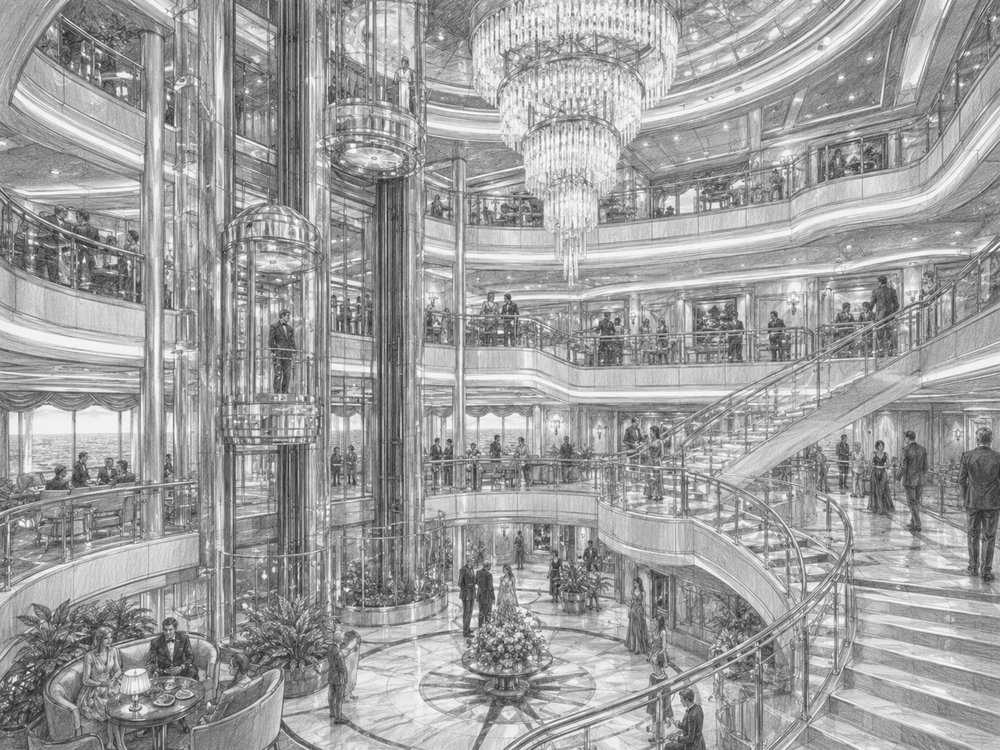 Illustration of the glass-elevator Galleria atrium aboard MSC World Europa