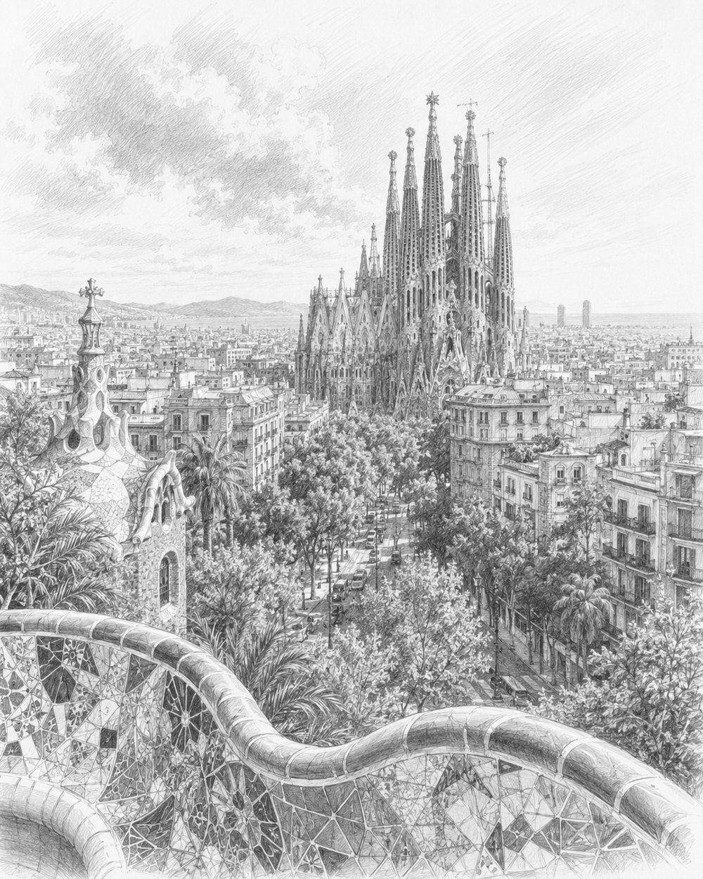 Illustration of Barcelona with the Sagrada Familia seen on an MSC World Europa cruise