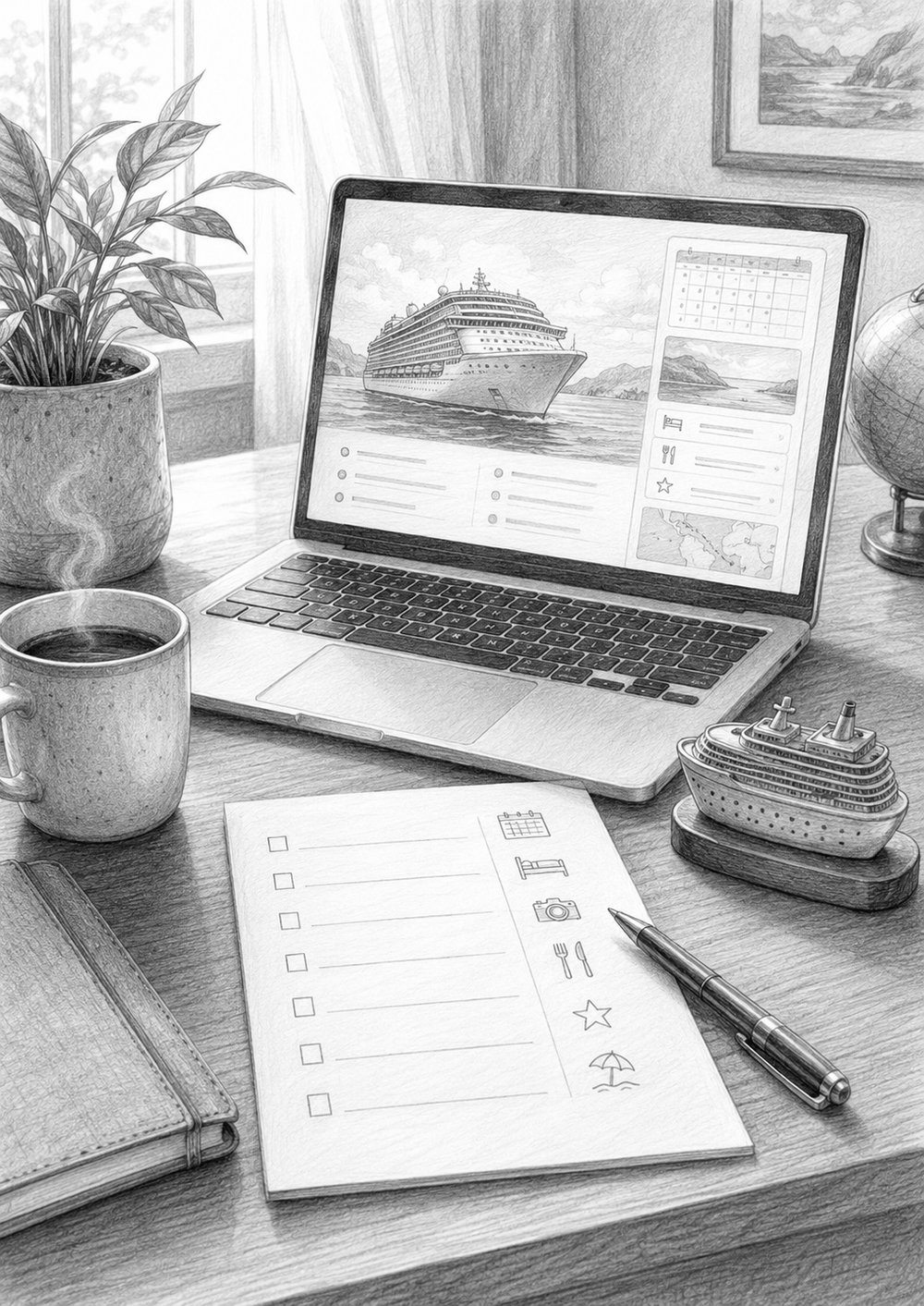 Illustration of a desk with a laptop cruise planner and a checklist