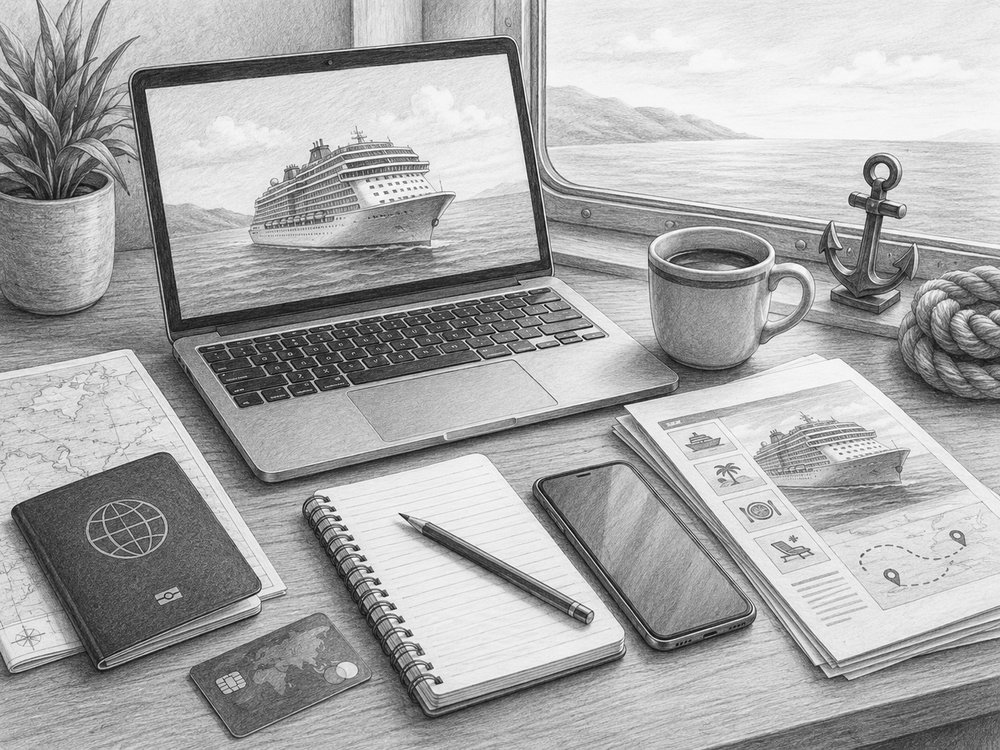 Illustration of a desk with a laptop cruise planner and a checklist