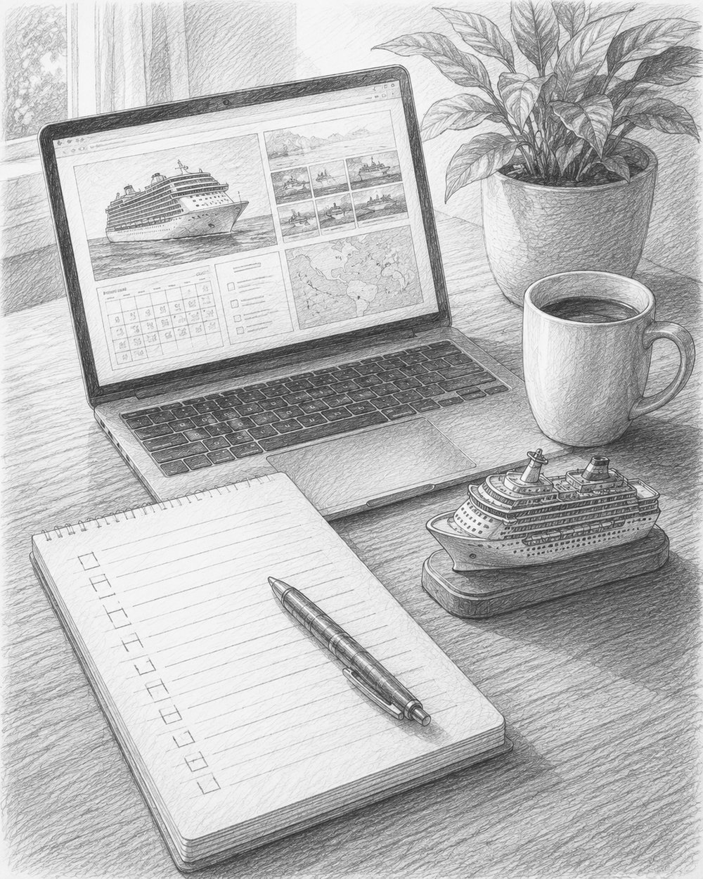 Illustration of a desk with a laptop cruise planner and a checklist