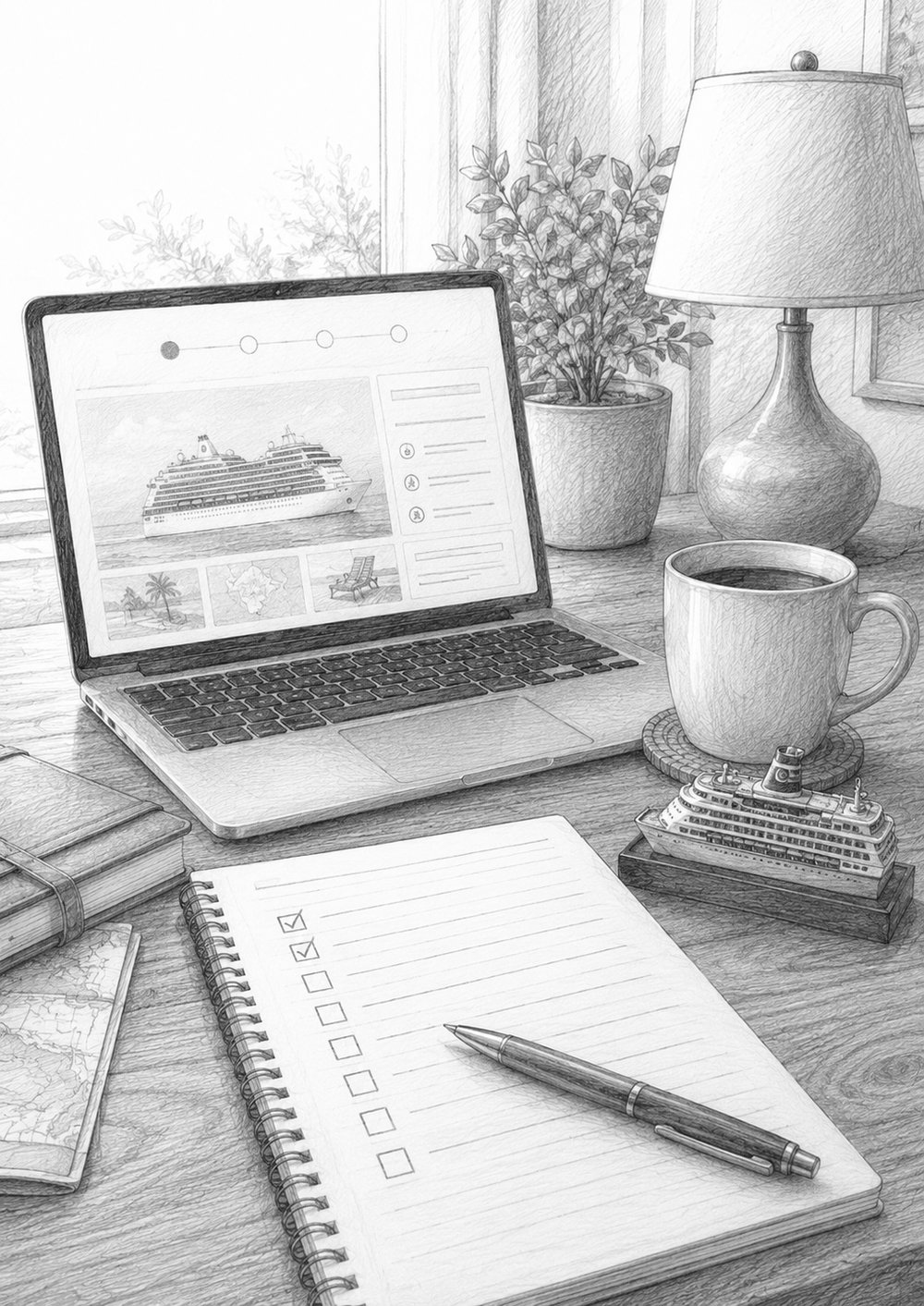 Illustration of a desk with a laptop cruise planner and a checklist