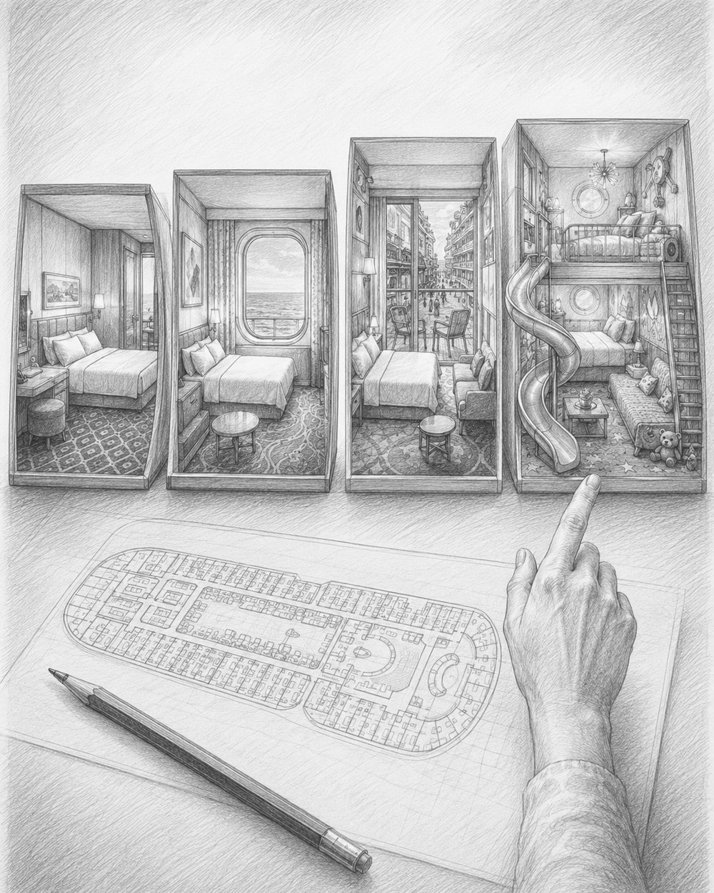 Cutaway illustration comparing interior, ocean view, balcony, and suite cabins on Odyssey of the Seas