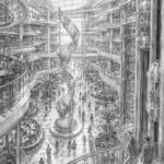 Illustration of the grand multi-deck promenade and atrium aboard Star of the Seas with tiny guests below