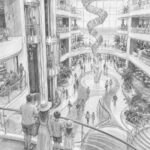 Graphite illustration of the grand multi-deck promenade and atrium aboard Icon of the Seas with tiny guests below