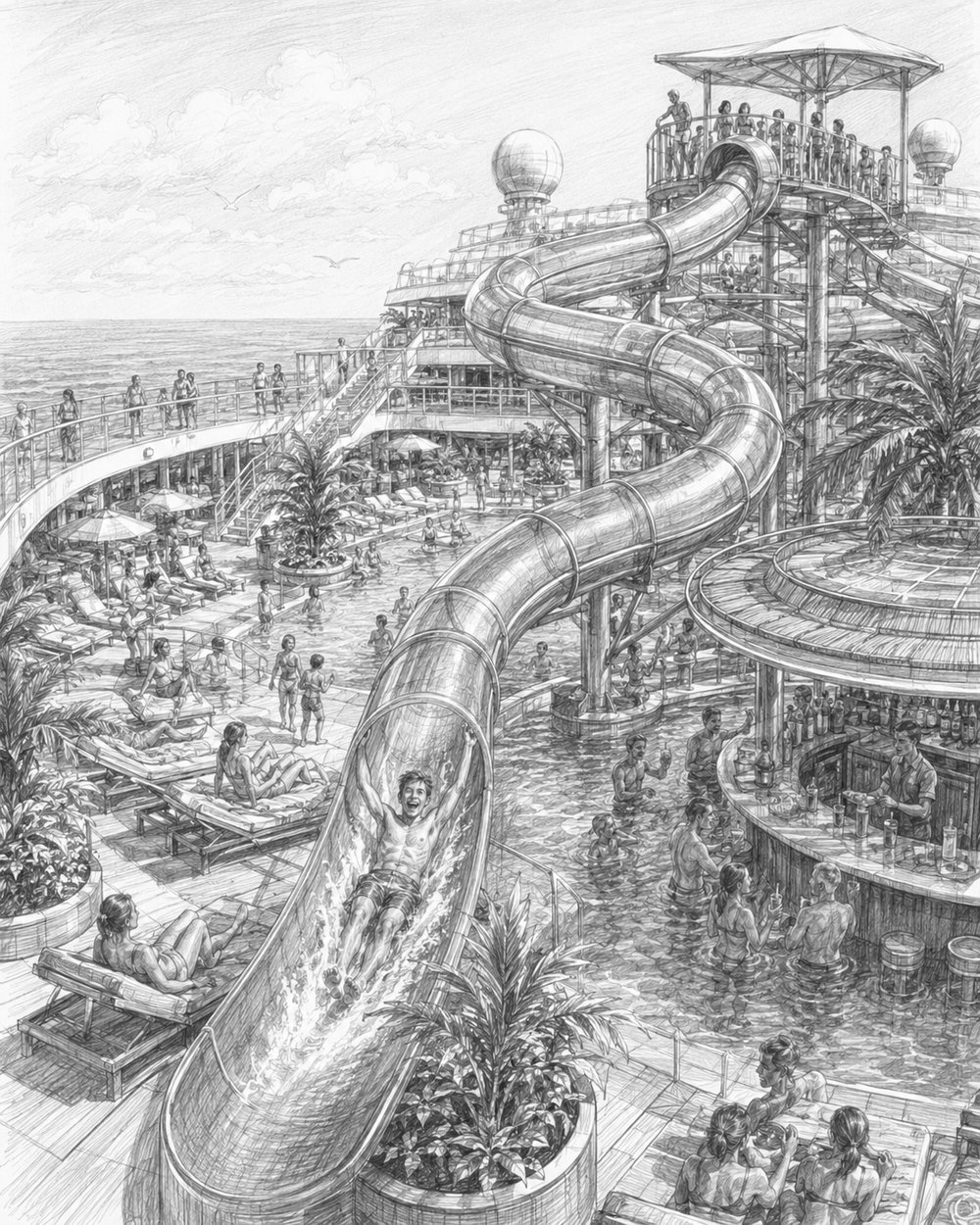 Illustration of a child-friendly waterslide scene at the Category 6 waterpark on Star of the Seas