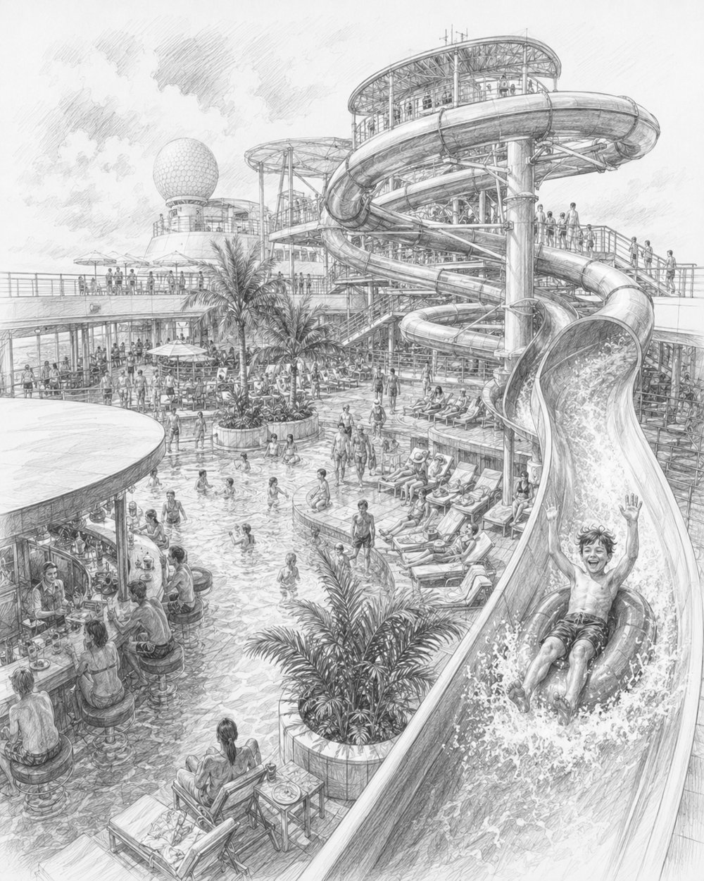 Illustration of a rider on a tall twisting waterslide at the Category 6 waterpark on Legend of the Seas