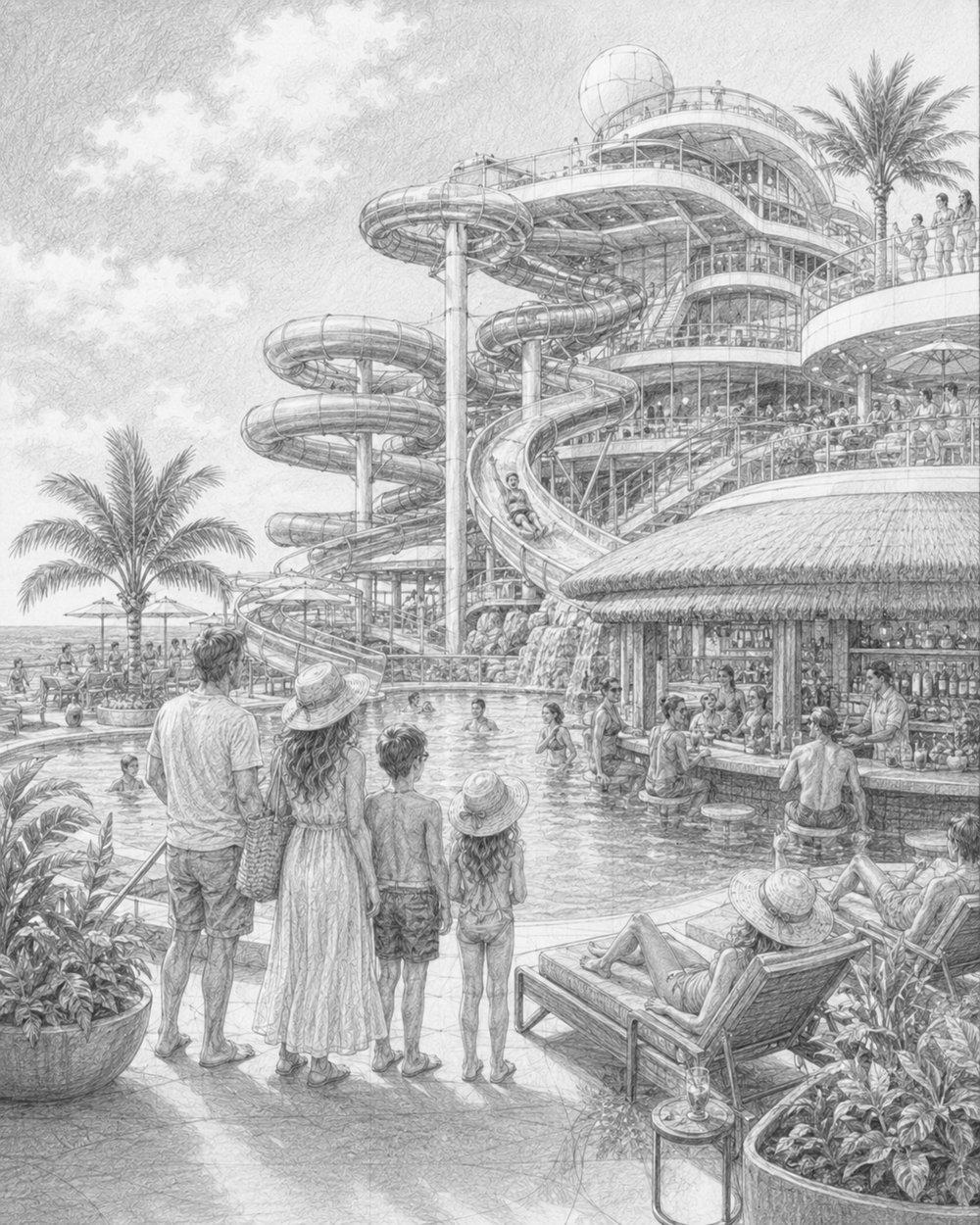 Illustration of a rider on a tall twisting waterslide at the Category 6 waterpark on Icon of the Seas