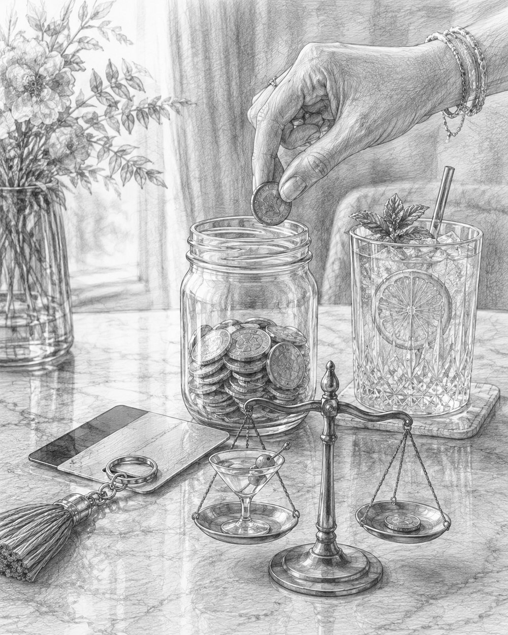 Illustration of coins, a stateroom keycard, and a drink representing smart spending on Star of the Seas