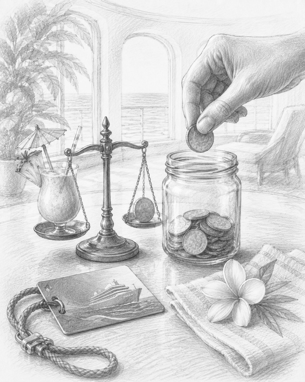 Illustration of coins, a stateroom keycard, and a drink representing smart spending on Legend of the Seas