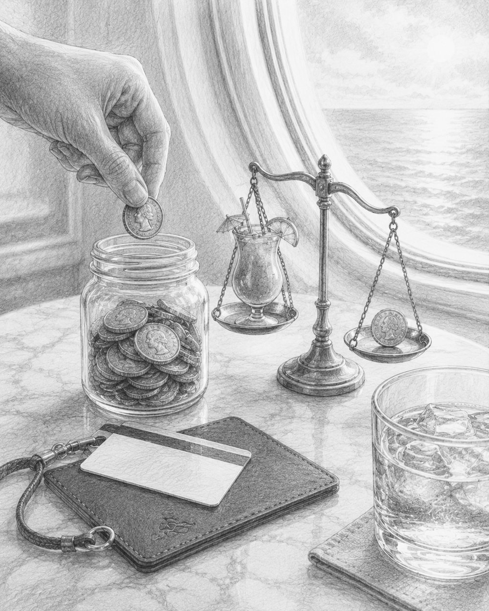 Illustration of coins, a stateroom keycard, and a drink representing smart spending on Icon of the Seas