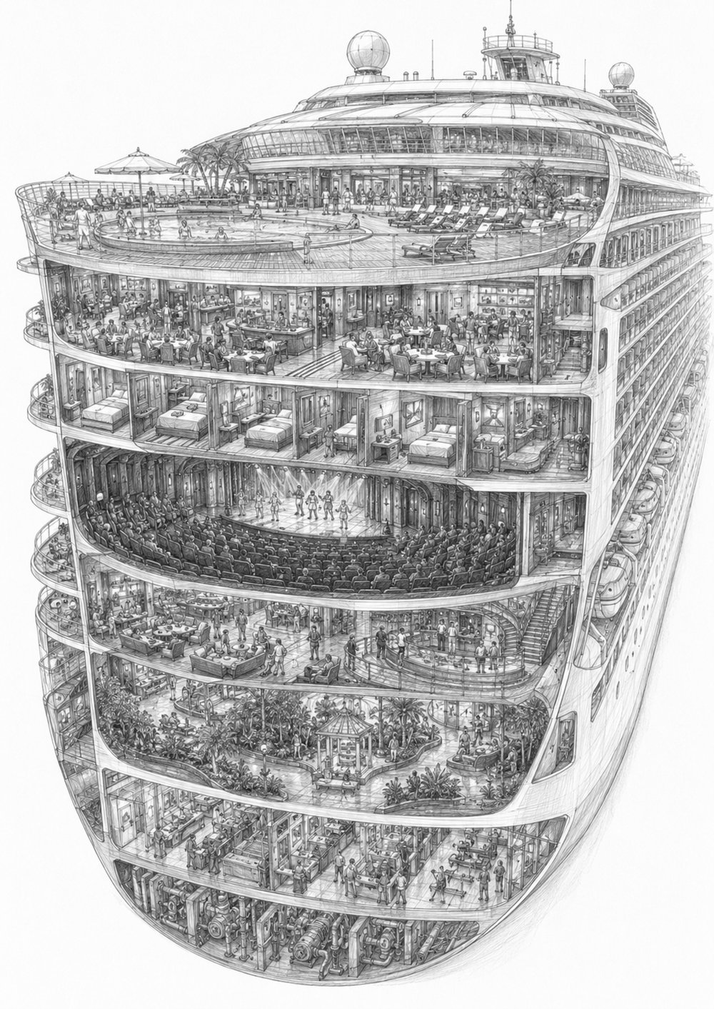 Cutaway illustration of Star of the Seas showing decks and neighborhoods stacked from pools to cabins to theater