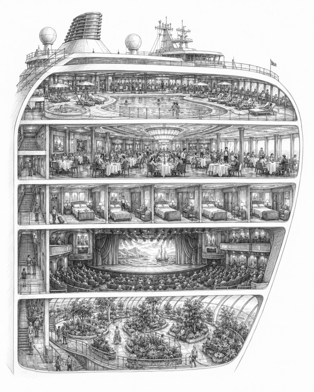 Cutaway illustration of Legend of the Seas showing decks and neighborhoods from pools to cabins to theater