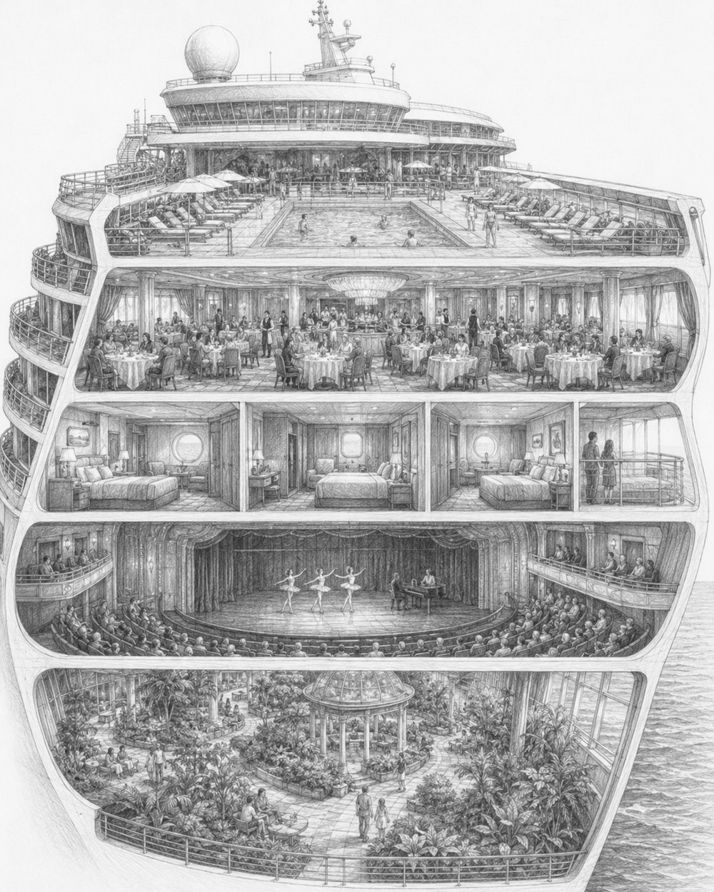 Cutaway illustration of Icon of the Seas showing decks and neighborhoods stacked from pools to cabins to theater
