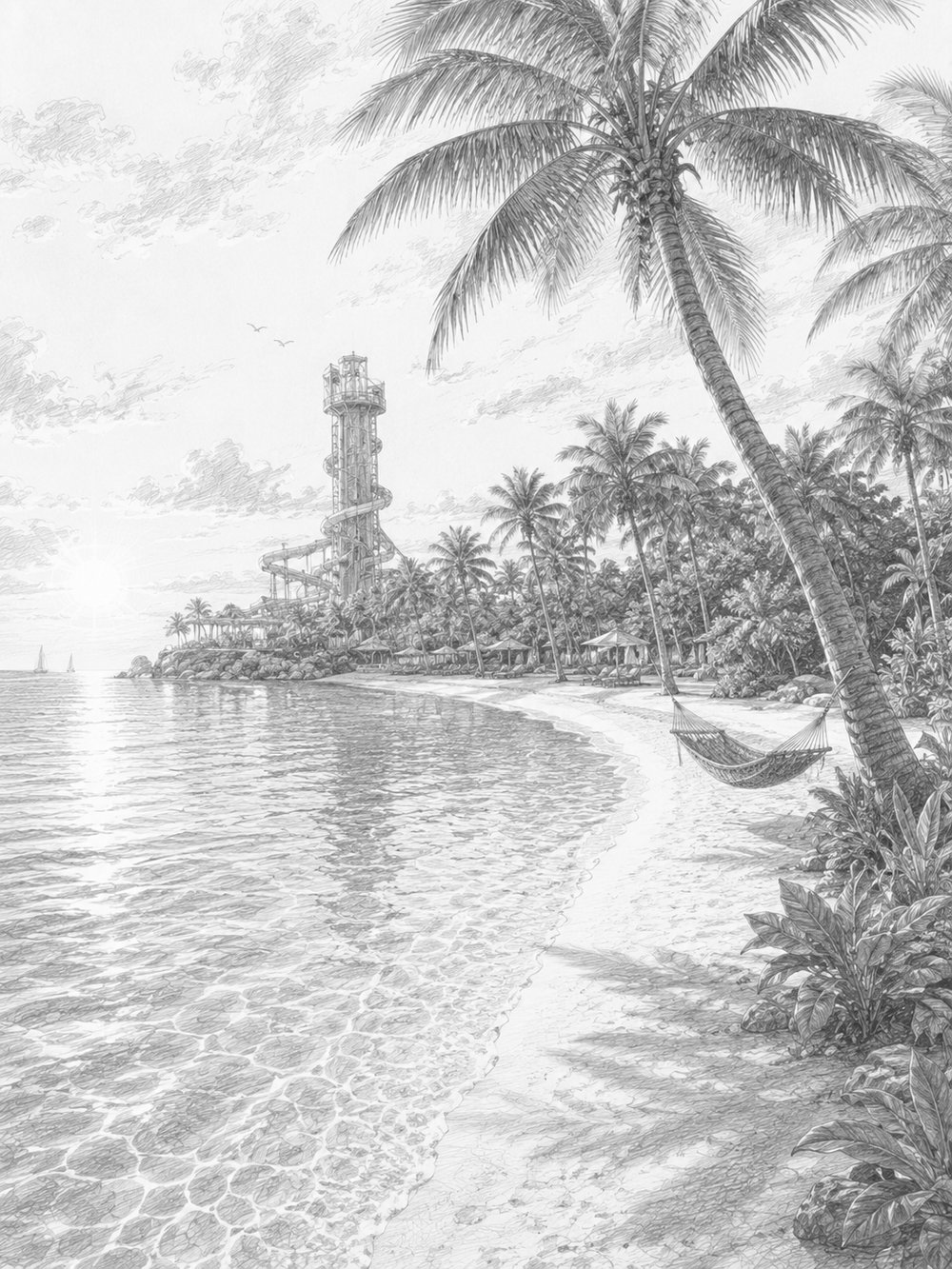 Illustration of Perfect Day at CocoCay in the Bahamas with beaches and a lagoon near Icon of the Seas