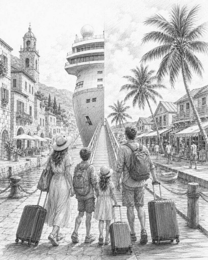 Illustration of a port seen from Legend of the Seas, with a gangway down to the quay