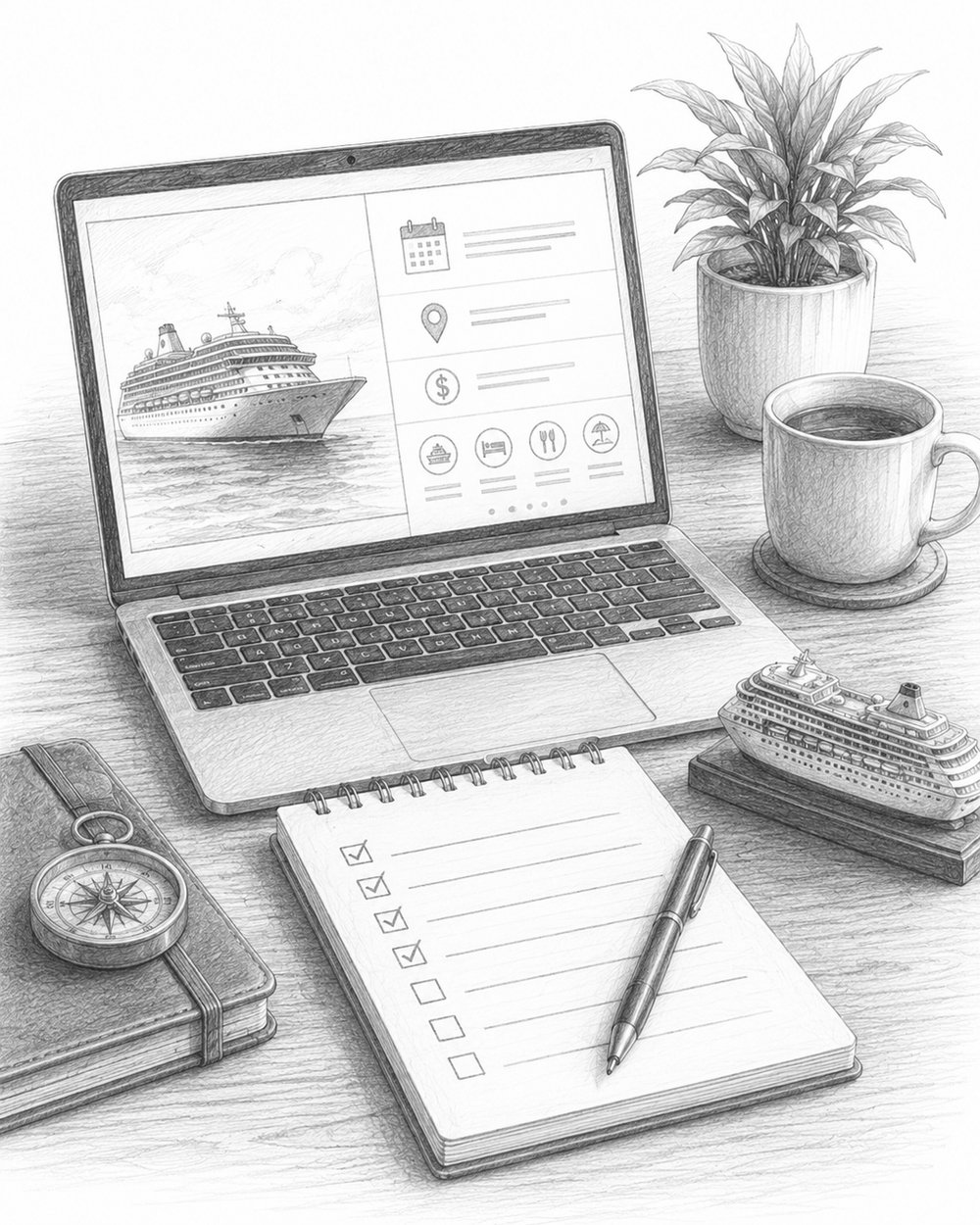 Illustration of a desk with a laptop showing a cruise planner, a checklist, and a small toy ship