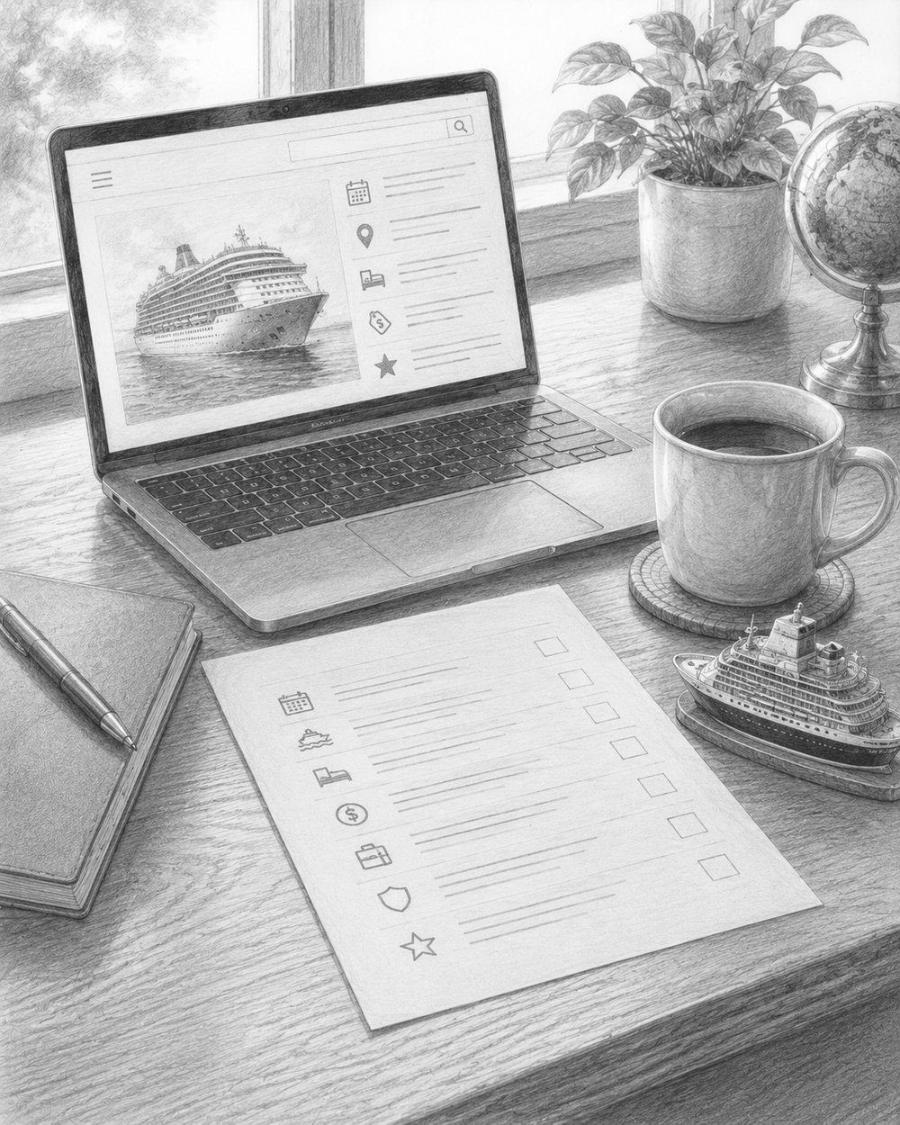 Illustration of a desk with a laptop showing a cruise planner, a checklist, and a small toy ship