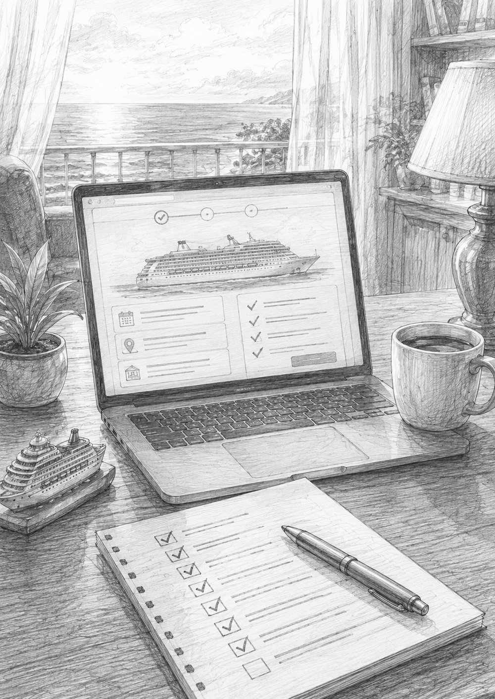 Illustration of a desk with a laptop showing a cruise planner, a checklist, and a small toy ship