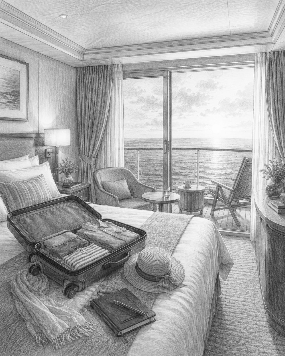 Balcony stateroom on Legend of the Seas with an open suitcase on the bed and the ocean through the balcony doors