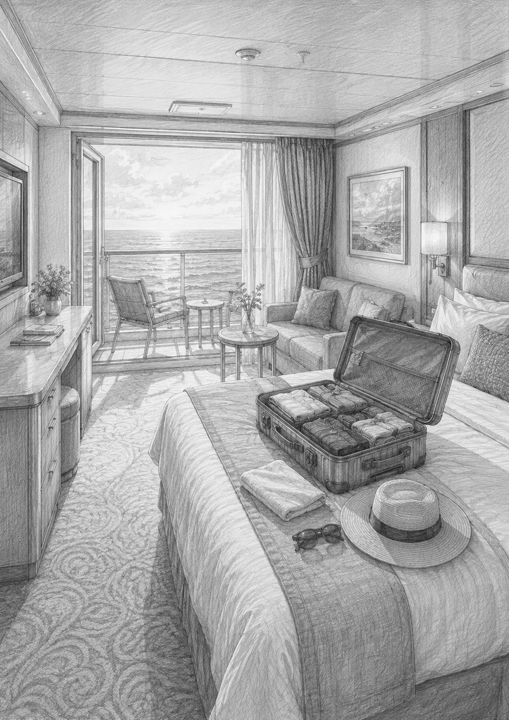 Balcony stateroom on Star of the Seas with an open suitcase on the bed and the ocean through the balcony doors