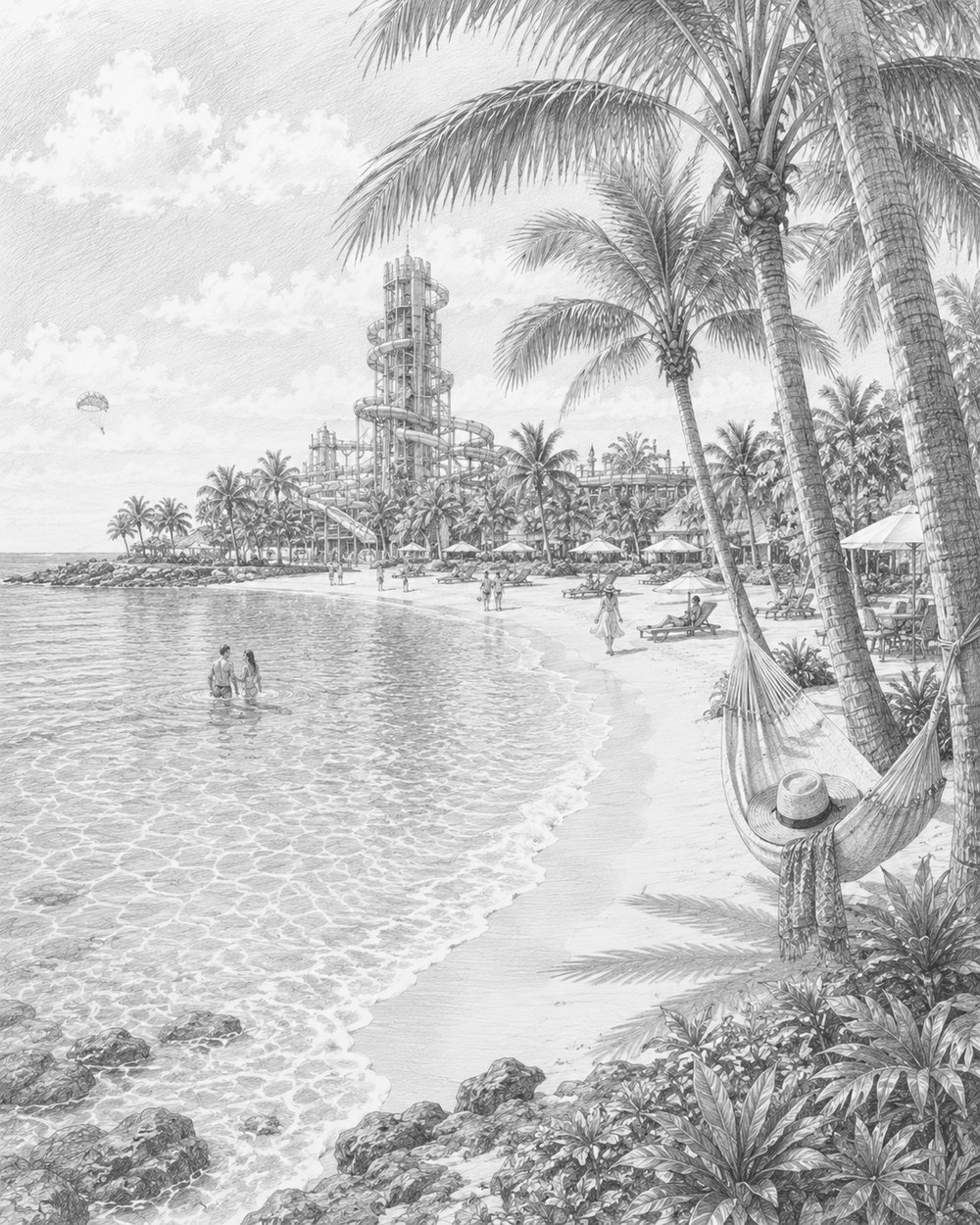Illustration of Perfect Day at CocoCay with beaches and a lagoon near Wonder of the Seas