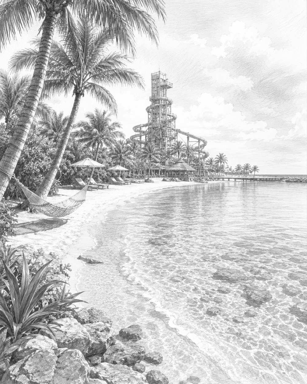 Illustration of Perfect Day at CocoCay with beaches and a lagoon near Oasis of the Seas