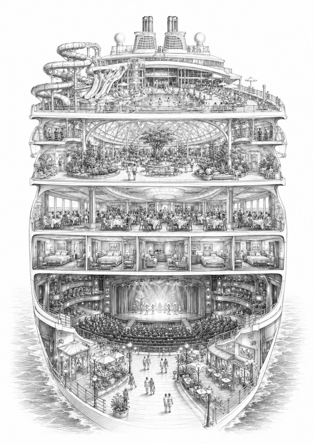Cutaway illustration of Wonder of the Seas showing its decks and neighborhoods