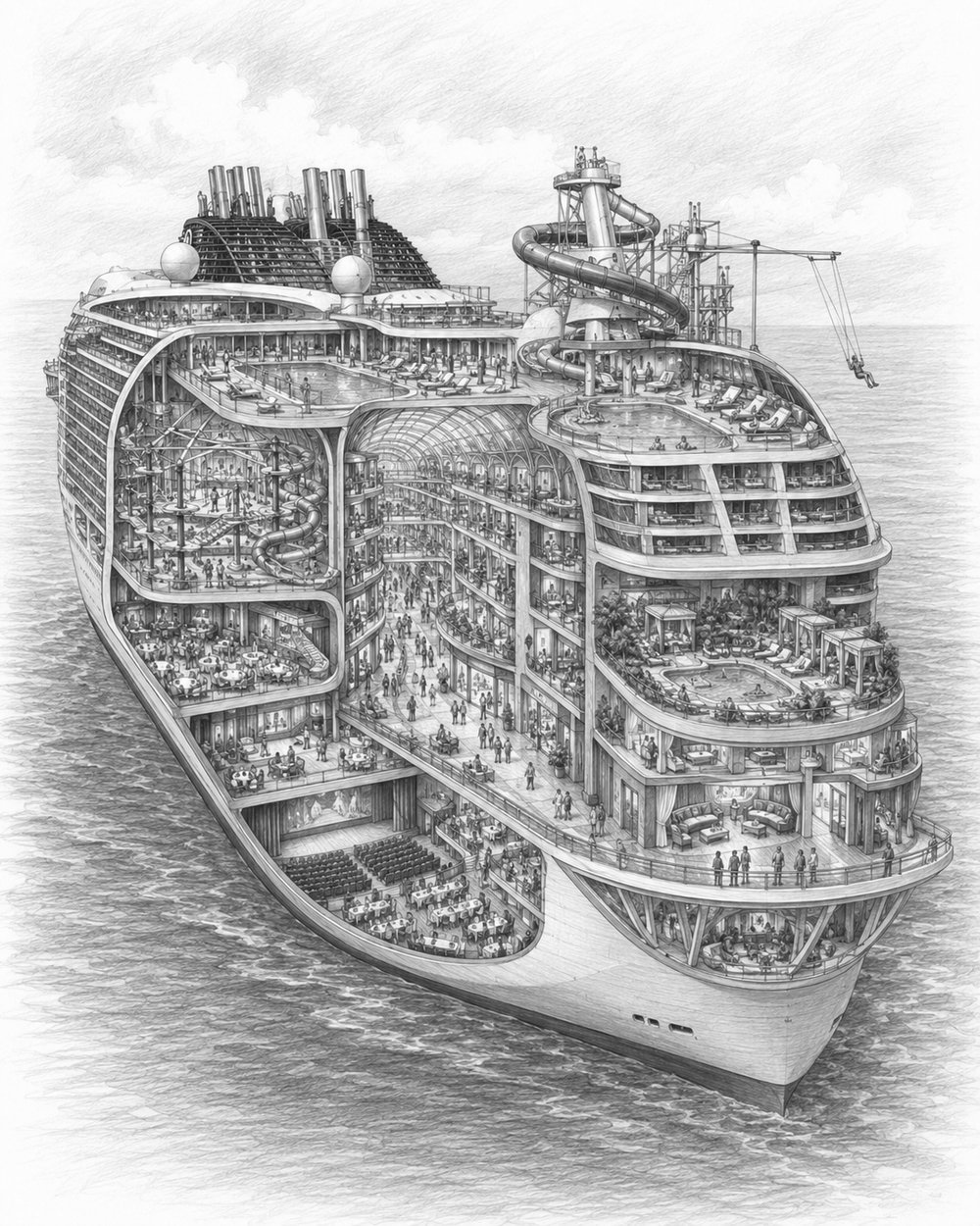 Cutaway illustration of MSC World Asia showing its decks and districts