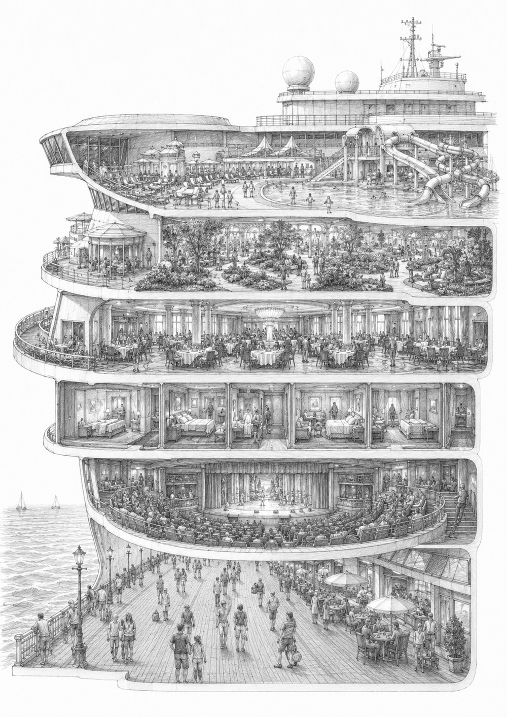 Cutaway illustration of Utopia of the Seas showing its decks and neighborhoods