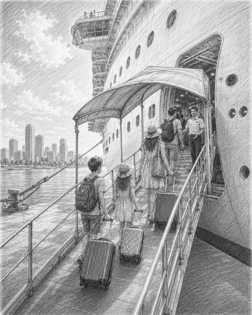Illustration of guests boarding Norwegian Encore on embarkation day in Seattle