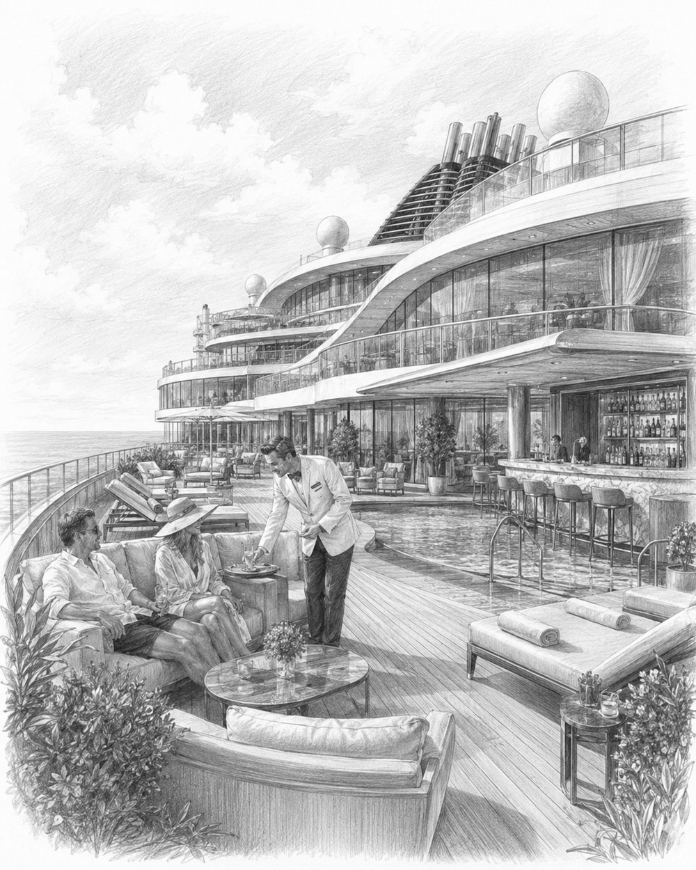 Illustration of guests enjoying the districts aboard MSC World Europa