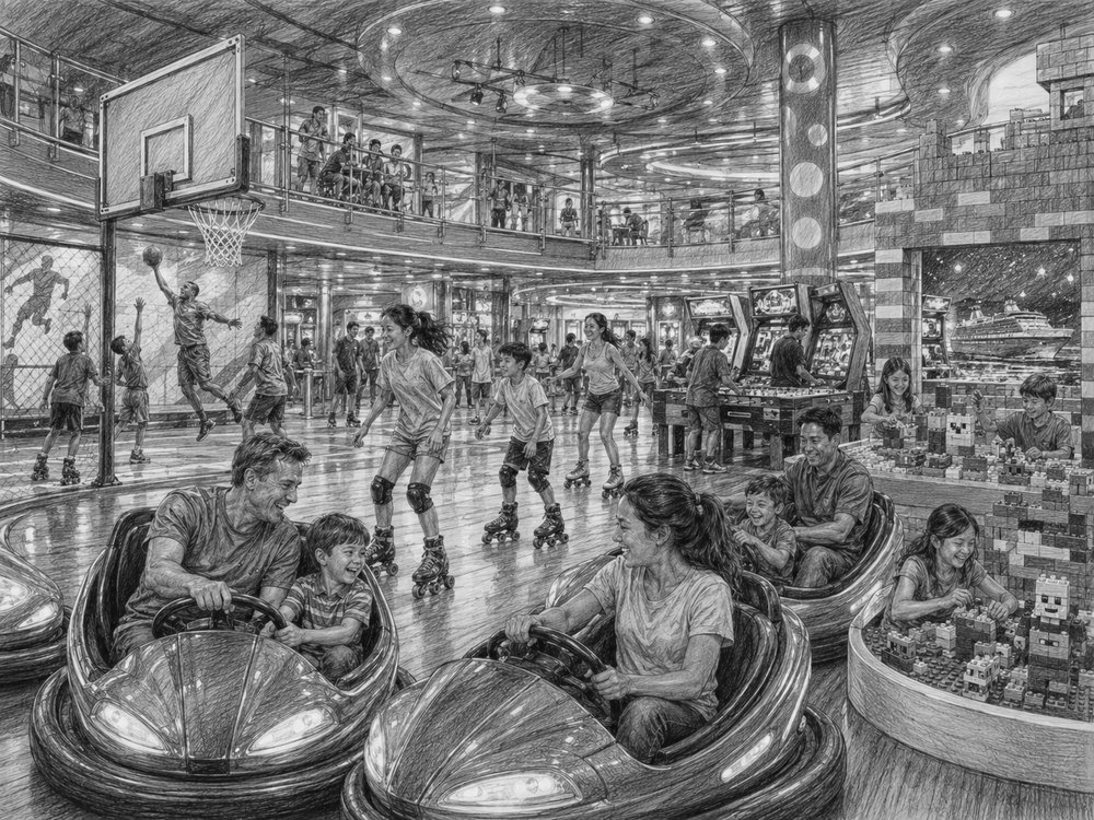 Illustration of guests enjoying the districts aboard MSC World Asia