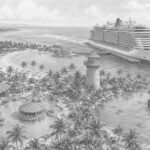 Illustration of Harvest Caye seen on a cruise day