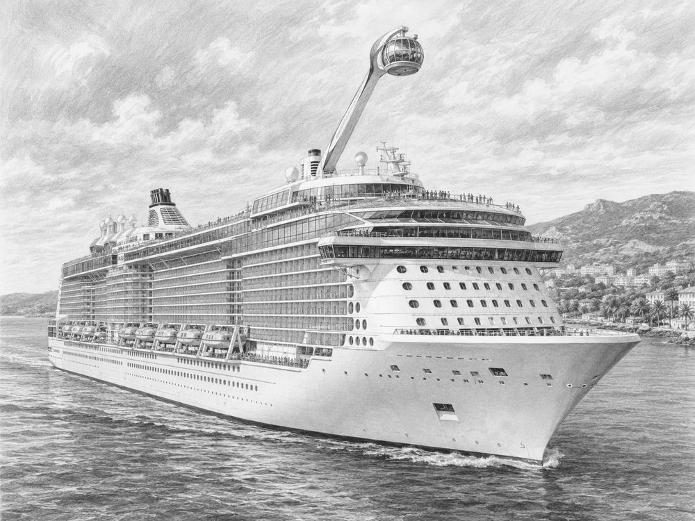 Illustration of Spectrum of the Seas at the pier with travelers looking up at the ship