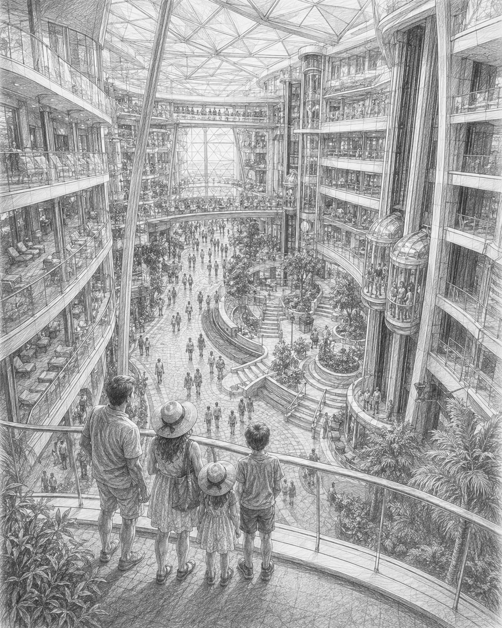 Illustration of Liberty of the Seas at the pier with travelers looking up at the ship