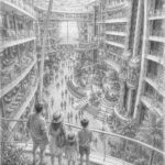Illustration of Norwegian Encore at the pier with travelers looking up at the ship