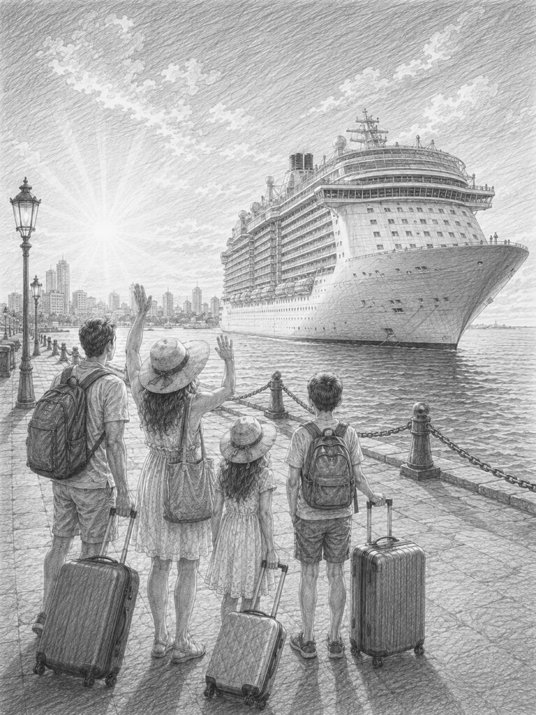 Illustration of Symphony of the Seas at the pier with travelers looking up at the ship