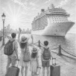 Illustration of Allure of the Seas at the pier with travelers looking up at the ship