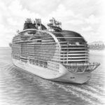 Illustration of MSC World Europa at the pier with travelers looking up at the ship