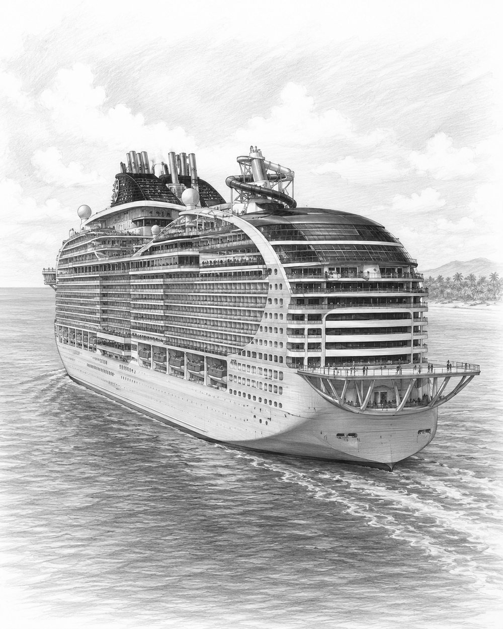 Illustration of MSC World Asia at the pier with travelers looking up at the ship