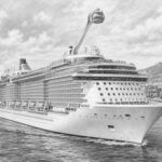 Illustration of Anthem of the Seas at the pier with travelers looking up at the ship