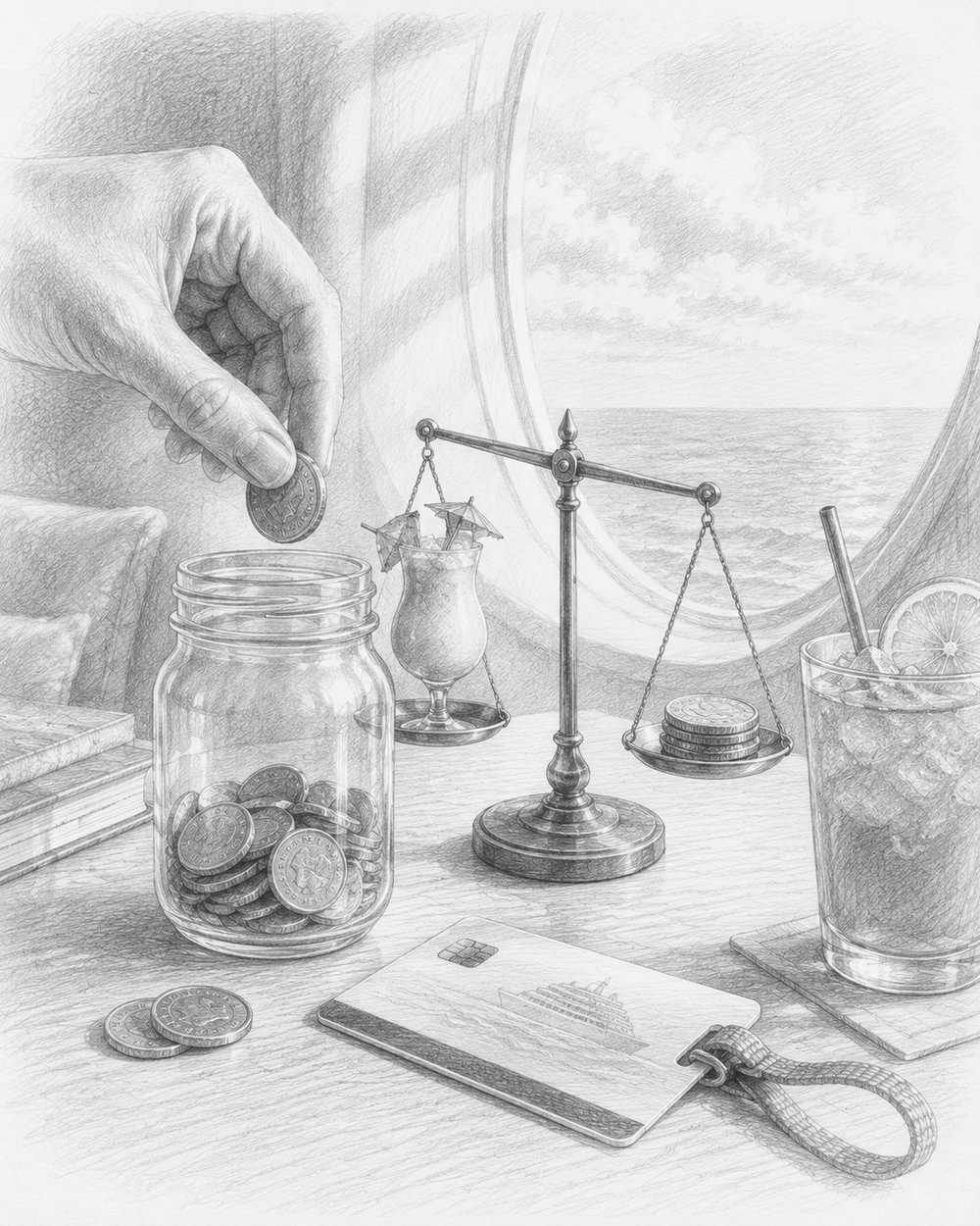 Illustration of coins, a keycard, and a drink representing smart spending on Wonder of the Seas