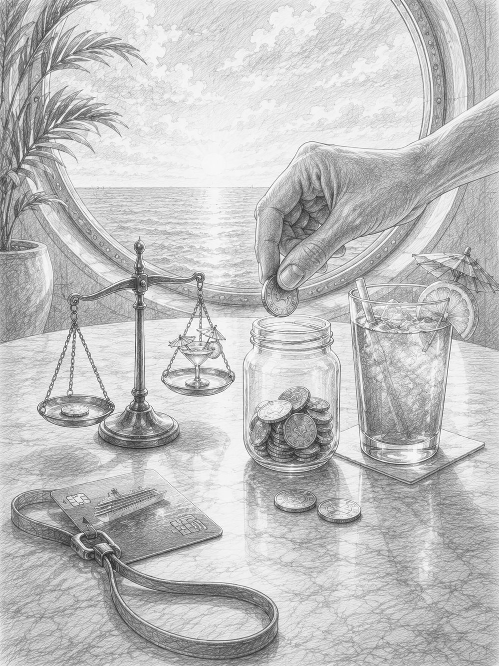 Illustration of coins, a keycard, and a drink representing smart spending on Ovation of the Seas