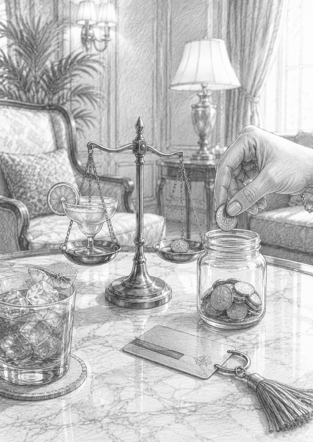Illustration of coins, a keycard, and a drink representing smart spending on Utopia of the Seas