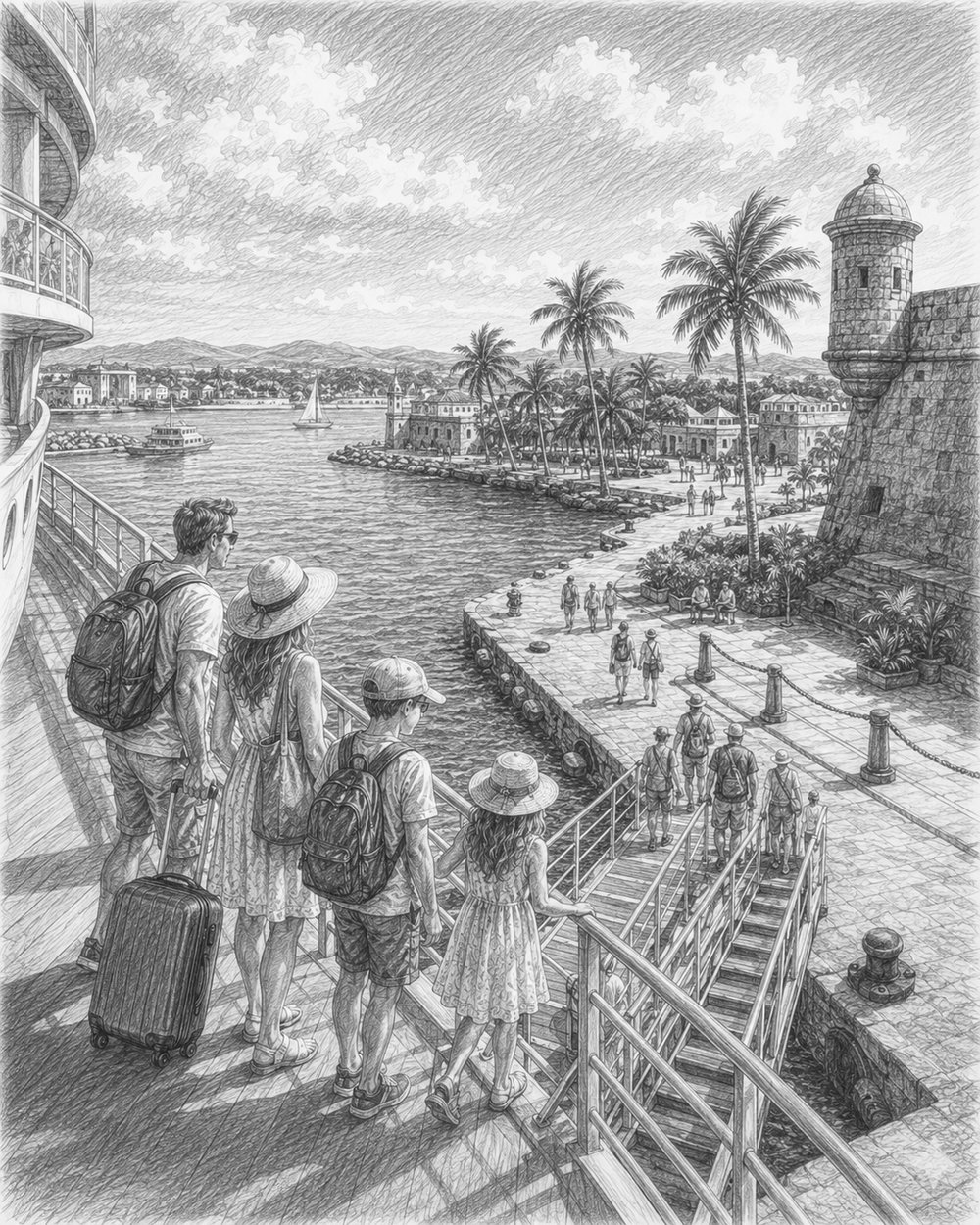 Illustration of a Caribbean port of call seen from Symphony of the Seas
