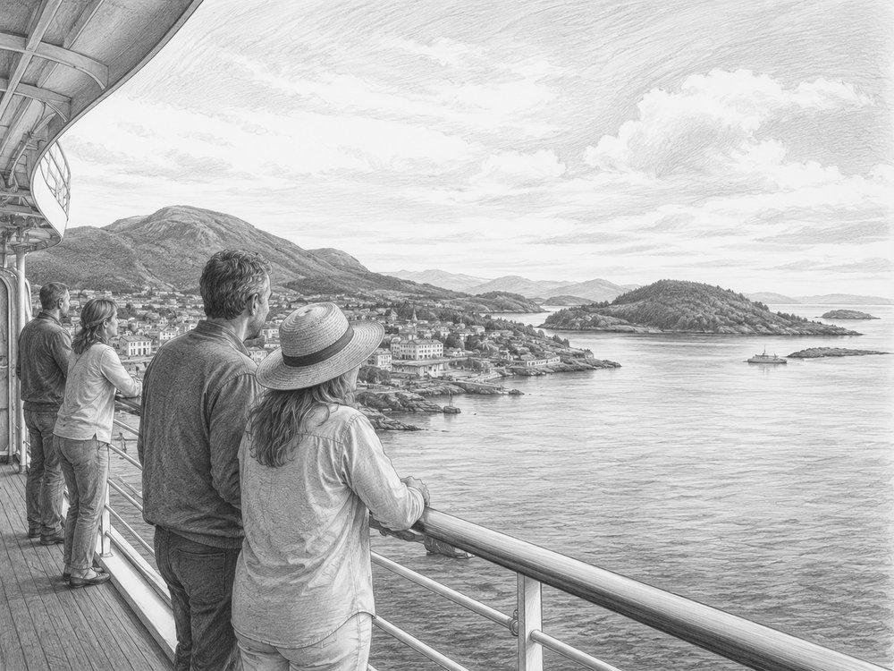 Illustration of a colorful autumn New England port seen from Norwegian Escape