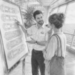 Illustration of a seasoned cruiser sharing advice beside a deck map on Wonder of the Seas