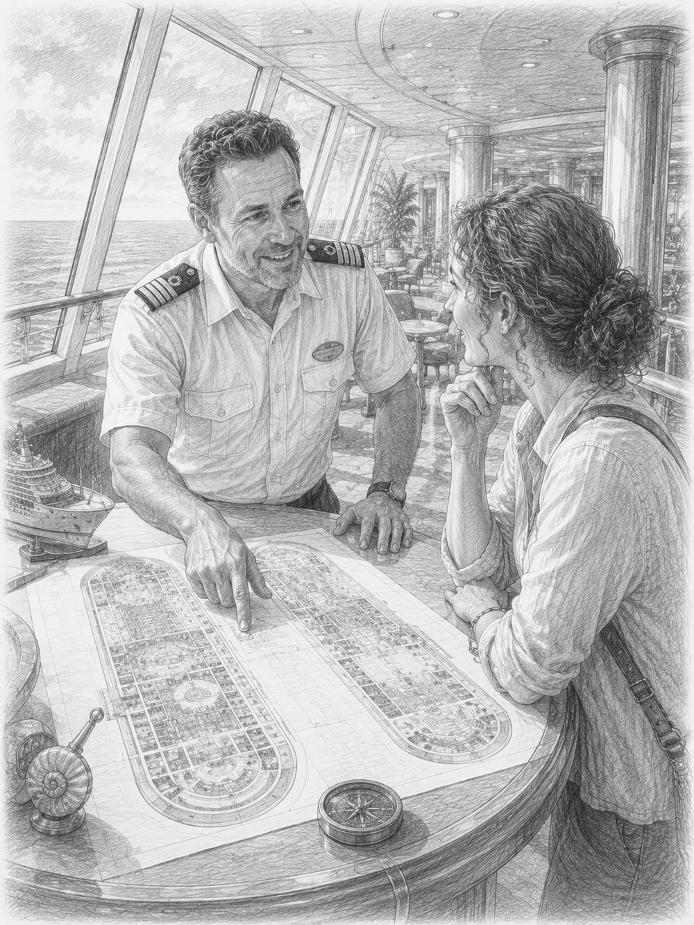 Illustration of a seasoned cruiser sharing advice beside a deck map on Spectrum of the Seas